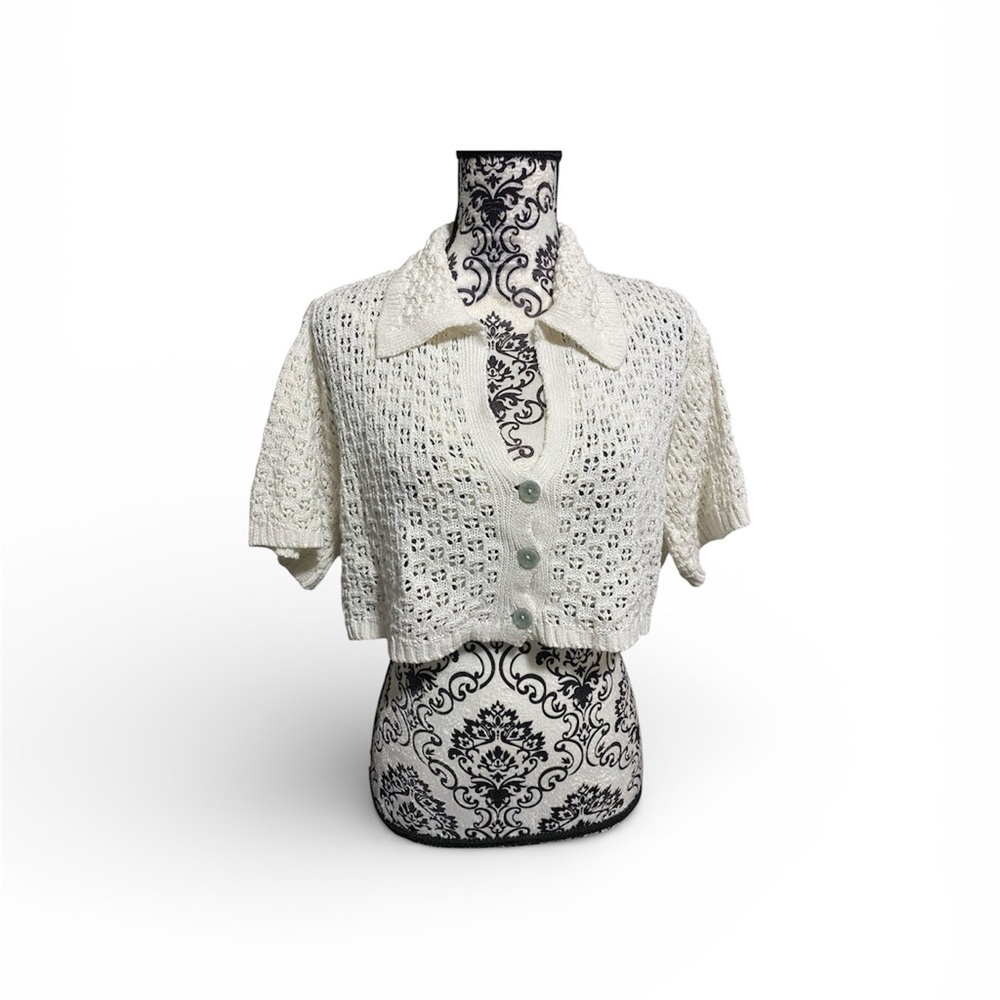 Milio Milano White Crochet Short Sleeves Button-Down Sweater Sz-M/L - Picture 1 of 5